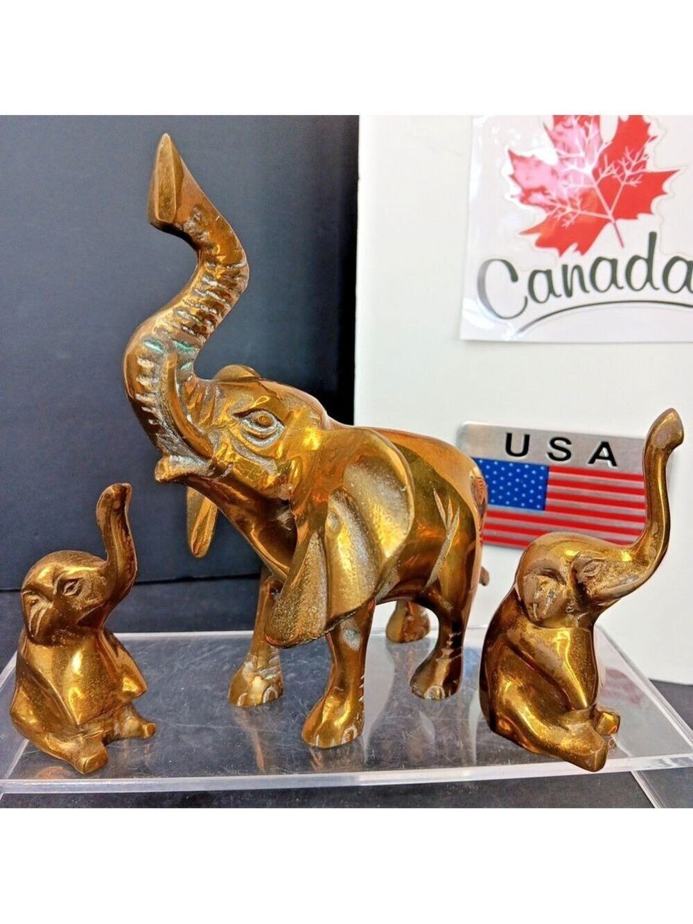Mother And 2 Babies Brass Elephant Desk Decor Mother Protecting Young 3pcs Total